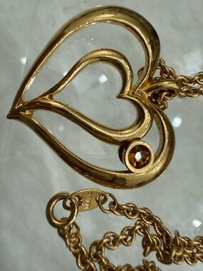 Signed Avon Gold Double Heart Pendant Necklace with Amber Stone